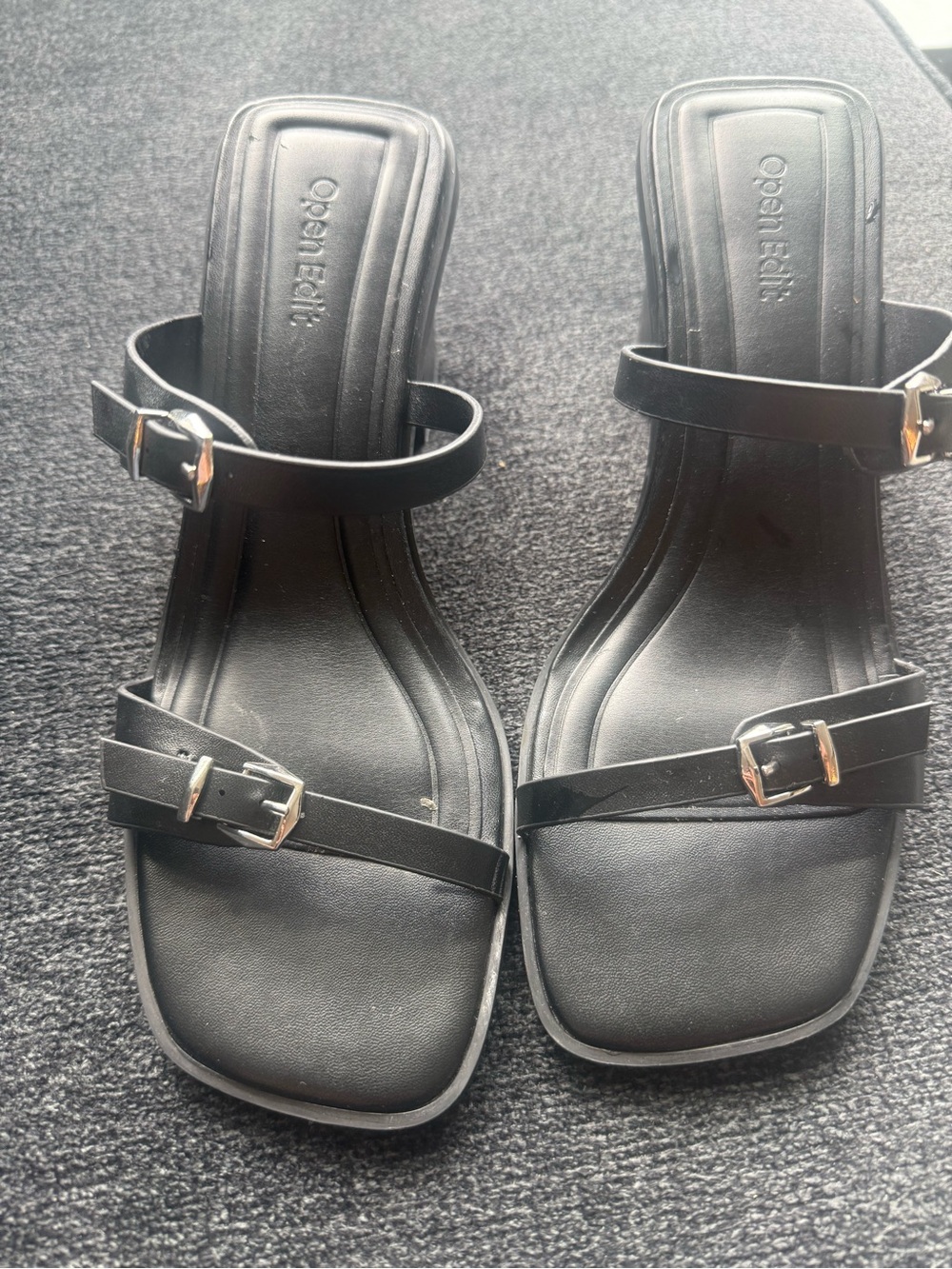 Open Edit Black Strappy Buckle Heeled Slide Sandals
